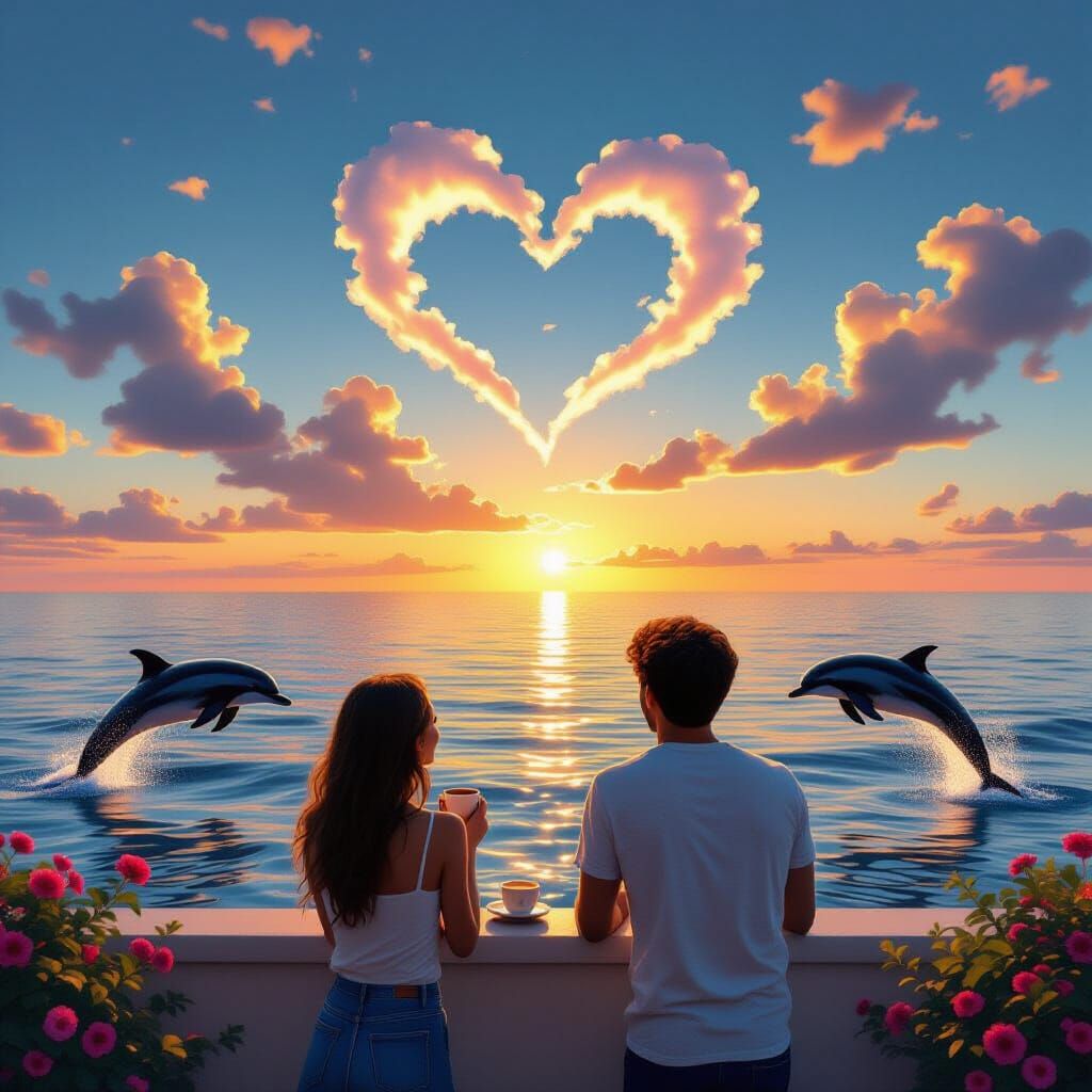 Couple Enjoys Coffee on Terrace With Ocean Sunset and Dolphi...