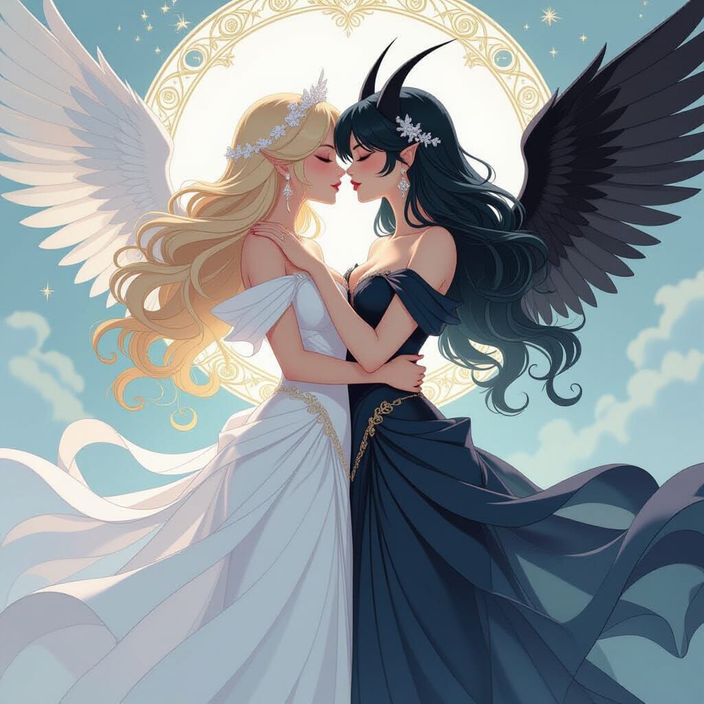 Angelic and Demonic Digimon Women Kiss in Art Nouveau Style