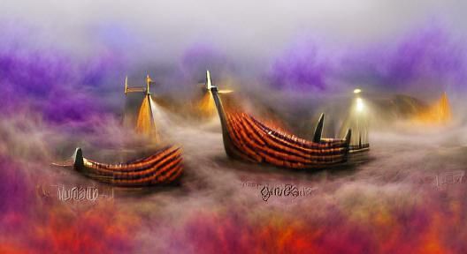 Viking Ships sailing through the Mist digital painting