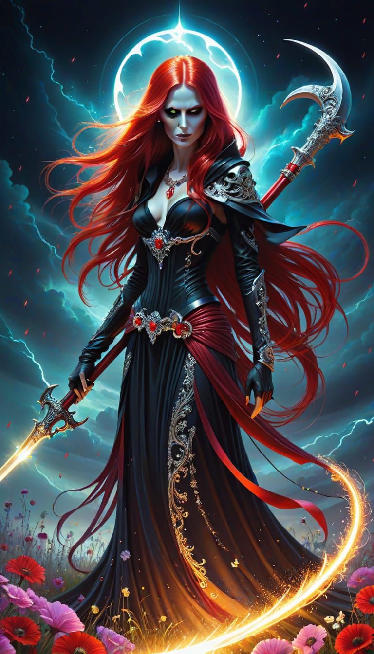 Ethereal Lady Reaper with Red Hair and Spirit Lights