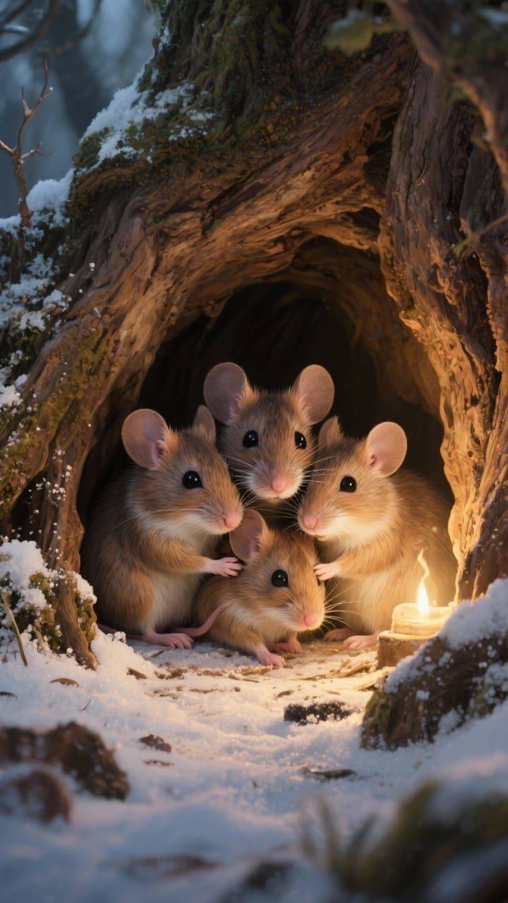 Cute Mice Cuddle for Warmth in Cozy Woodland Tree Hollow