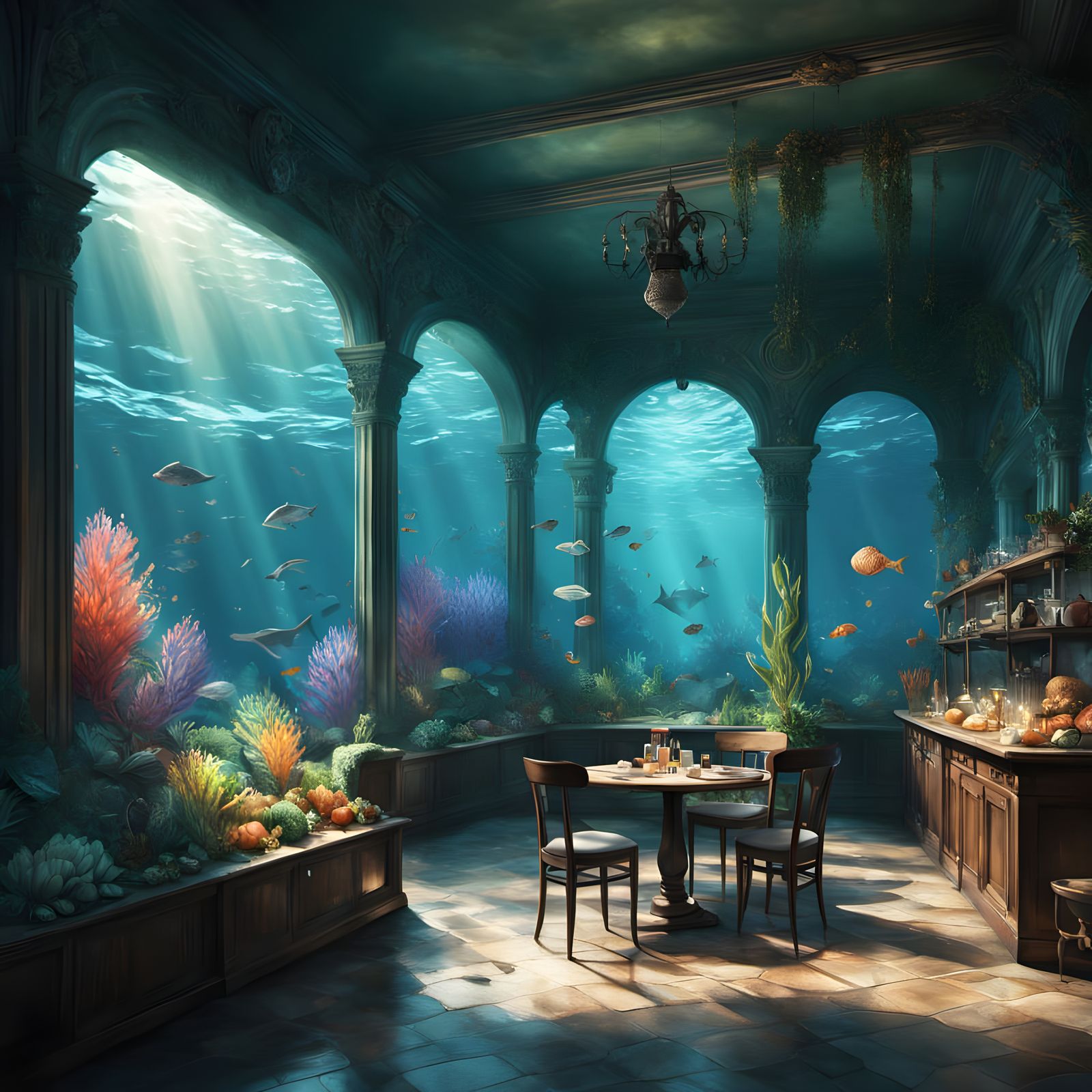 Underwater Cafe with Mermaid in Rainbow Colors