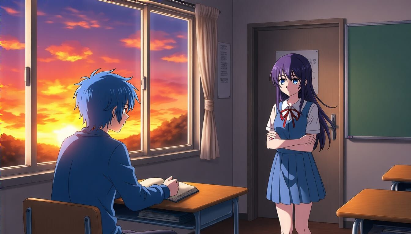 Classic Anime Scene: Dramatic Reveal at Sunset