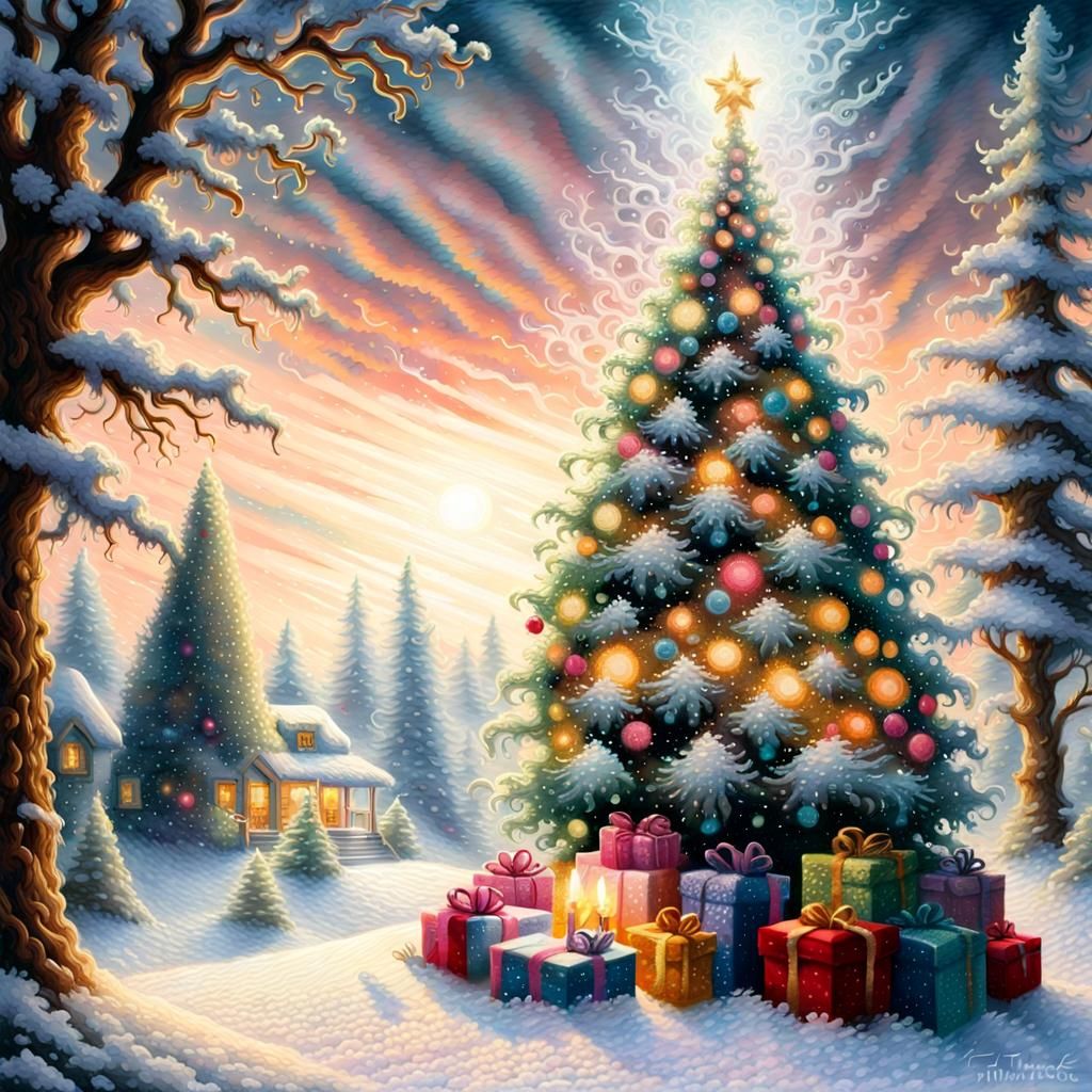 Crochet art, crochet stitch, Illuminated Christmas Tree With Gifts, visible stitches, precisely, clearly, sharply drawn,...