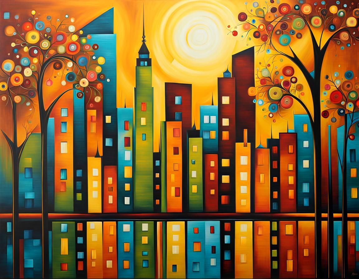 Aureolin Cityscape in Modern Abstract Style
