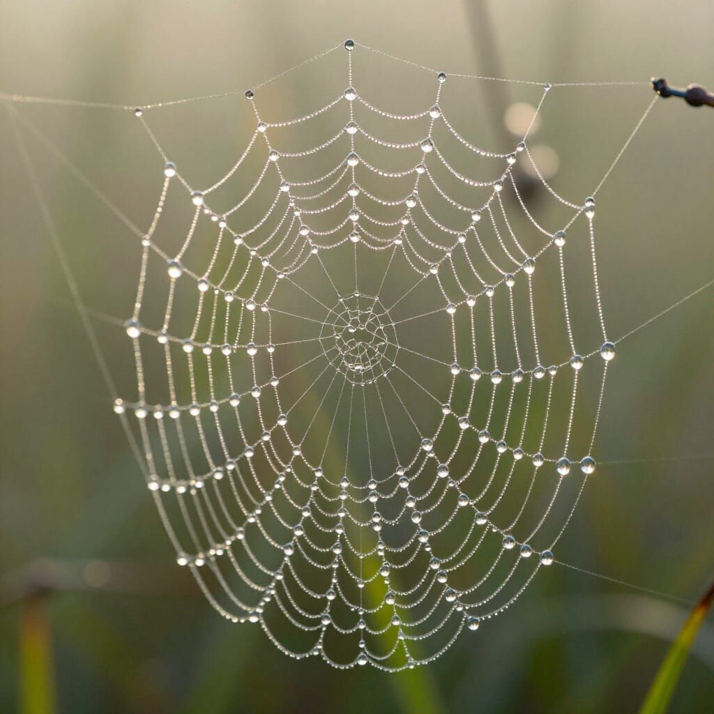 Macro Dew-Kissed Spiderweb with Golden Hour Glow