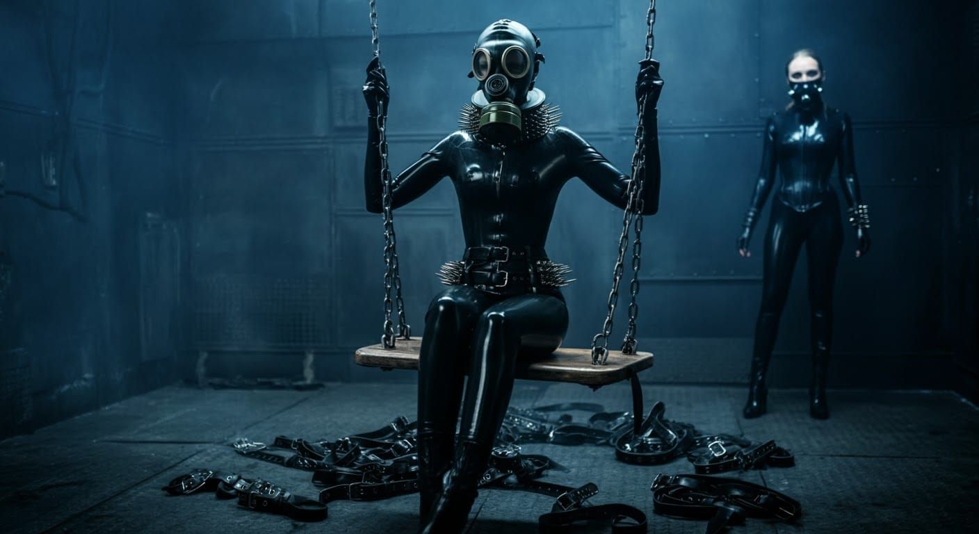 Latex Gas Mask Woman on Leather Swing