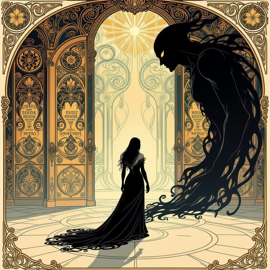 Figure at Crossroads Tempted by Ornate Doors