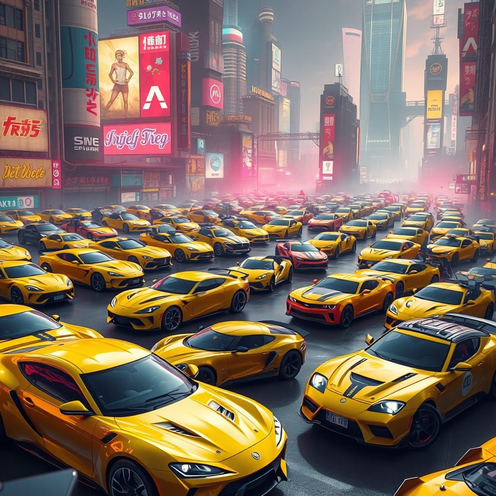 Vibrant Yellow Cars in a Futuristic Cityscape
