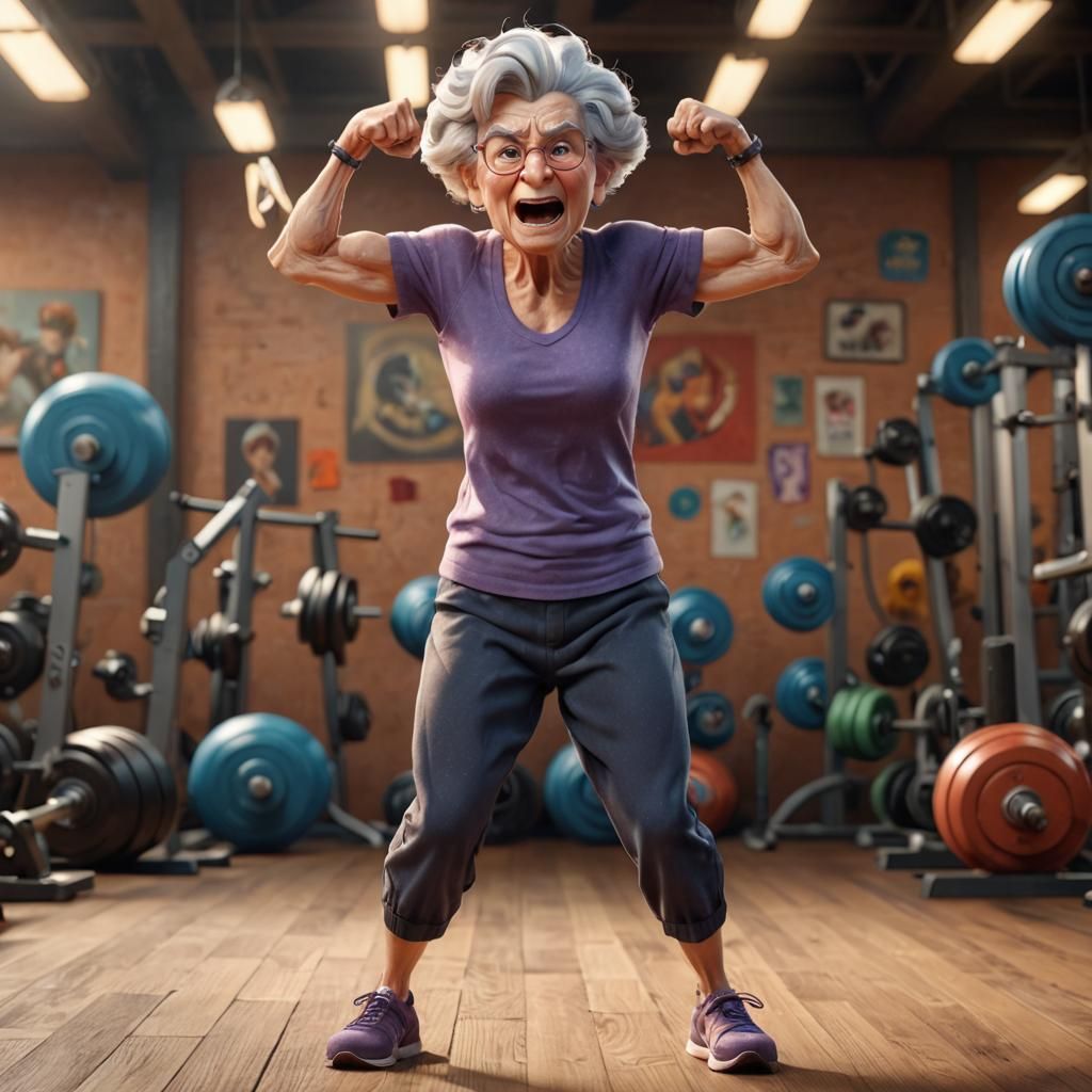 Whimsical Old Woman Flexing, 3D Digital Art