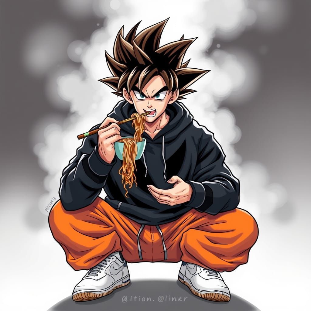 Goku in Casual Streetwear Style Eats Ramen in Comfort