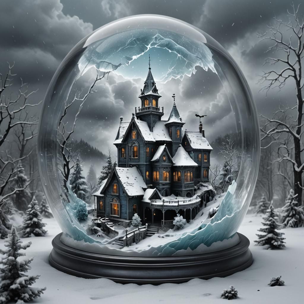 Eerie Cracked Snow Globe with Winter Scene