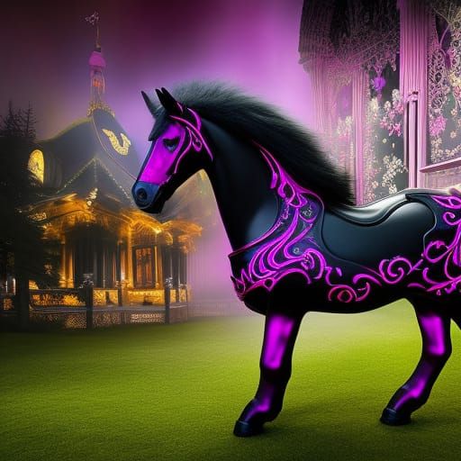 Gothic Vantablack Rocking Horse with Bioluminescent Details