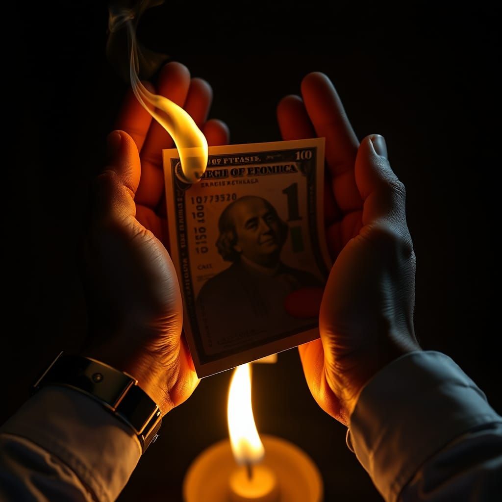 Burning Money and Bank Card: Hyperrealistic Cinematic Image