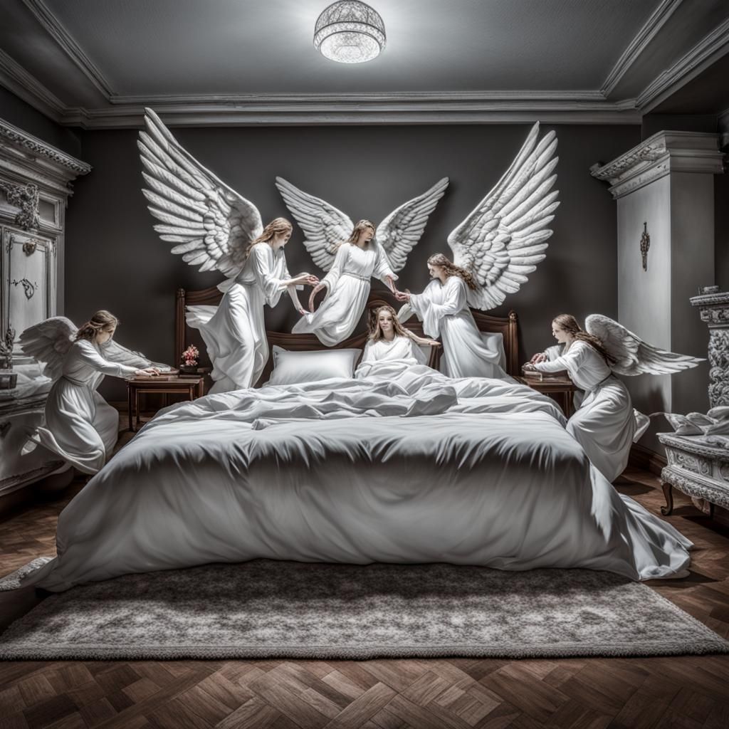 Hyperrealistic Angels Guarding Bed in Cinematic Lighting
