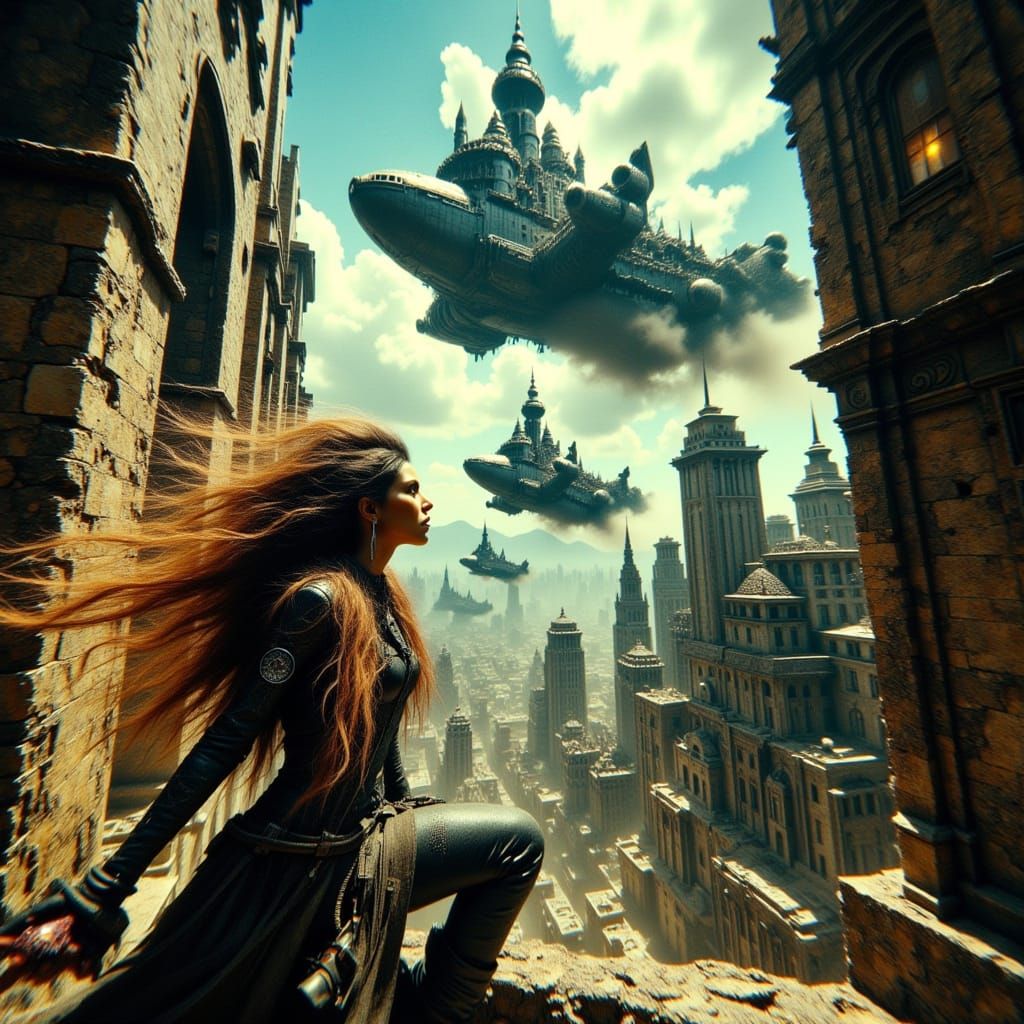 A Steampunk City Soars Through the Ruins, a Lone Woman Braci...