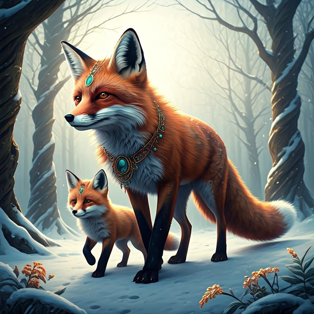 Mother Fox and Cub in Winter Forest, 3D Render