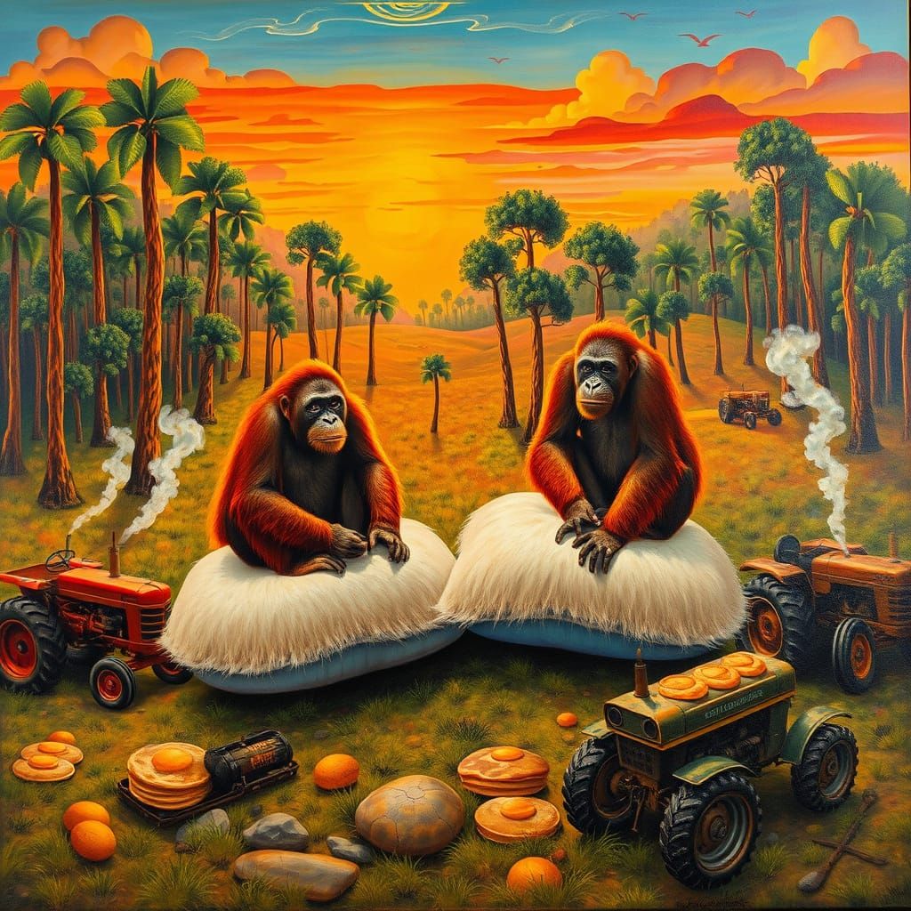 Orangutans in Surreal Forest with Pancakes, Dali Style