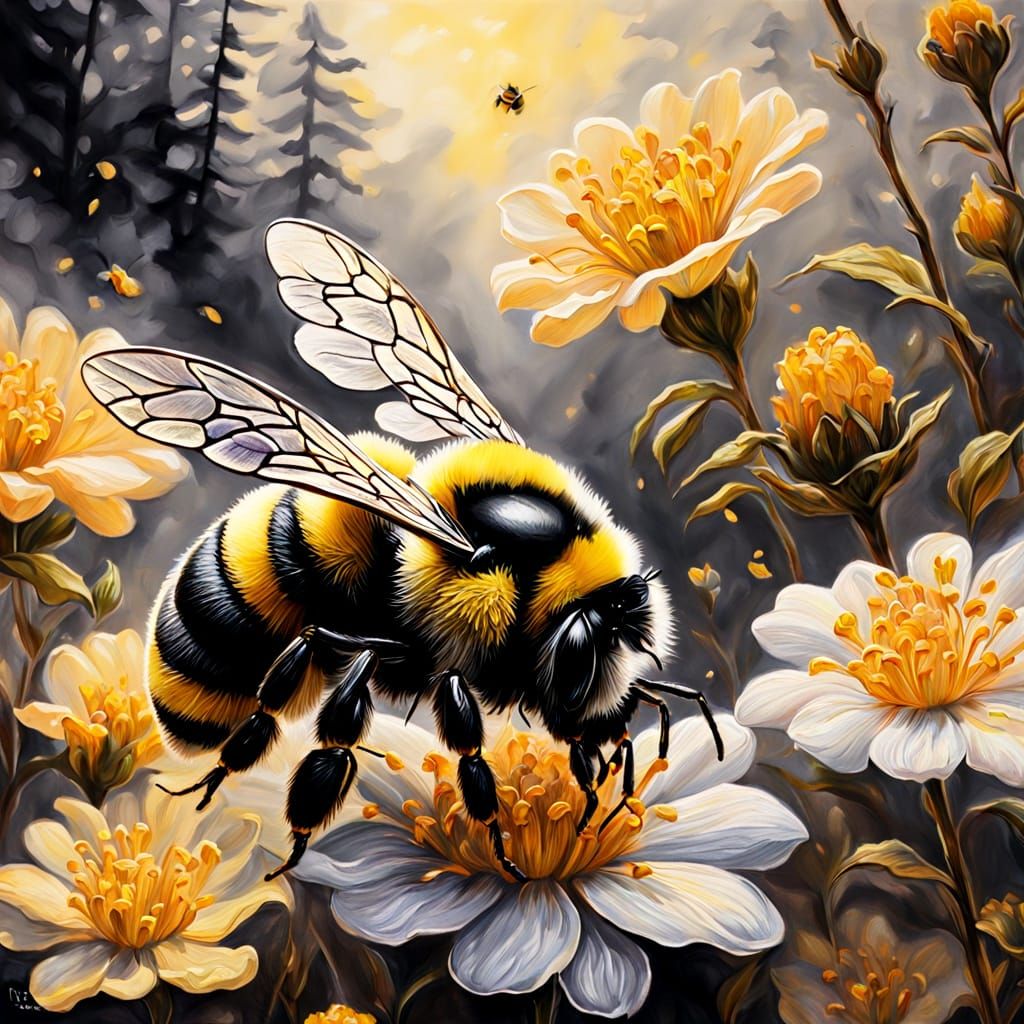 Bumblebee Asleep in Misty Impasto Charcoal Drawing