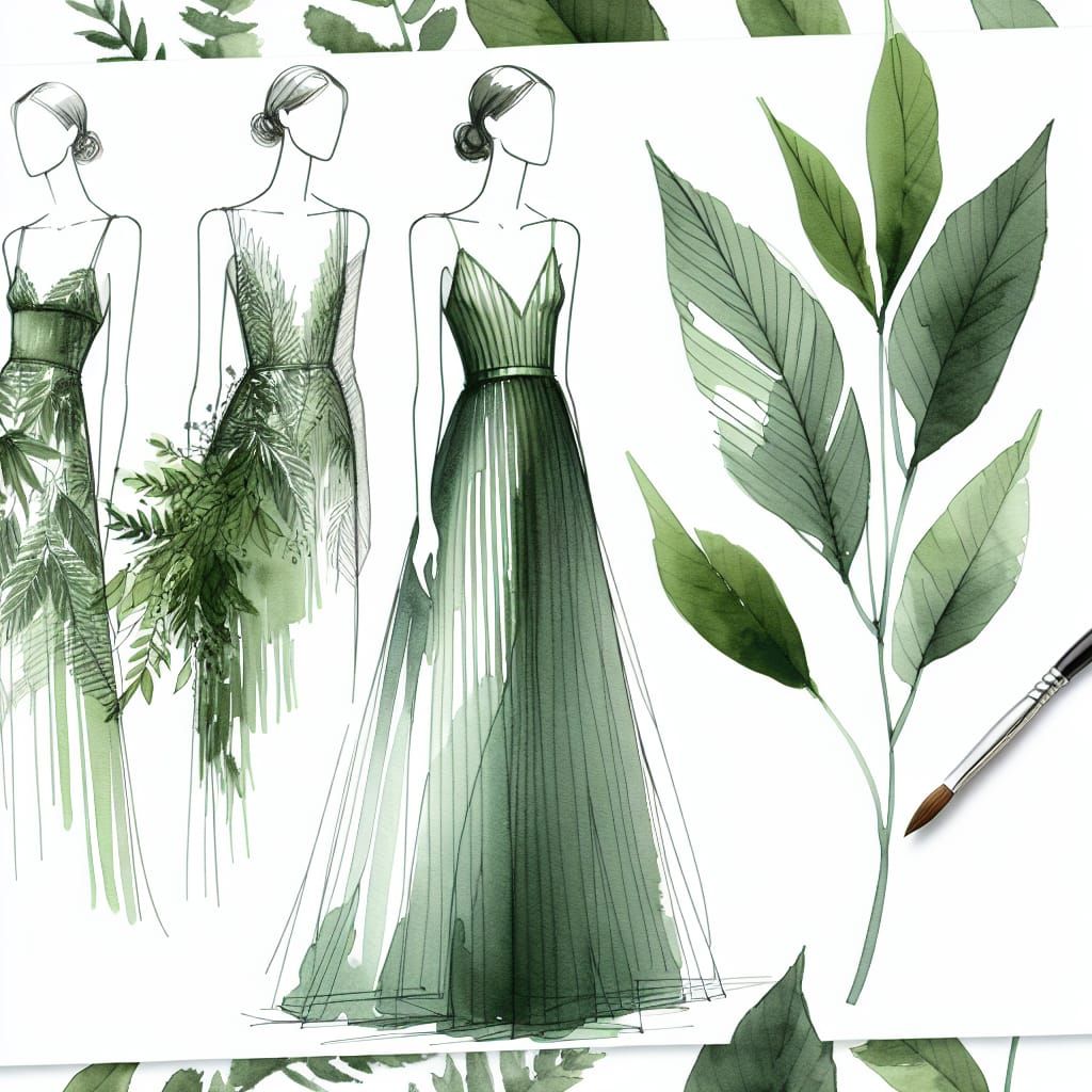 Art by Christian Dior, elegant dress made of leafy greens, m...
