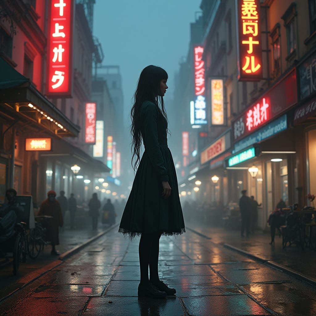 Elegant Victorian Schoolgirl in Cyberpunk Cityscape