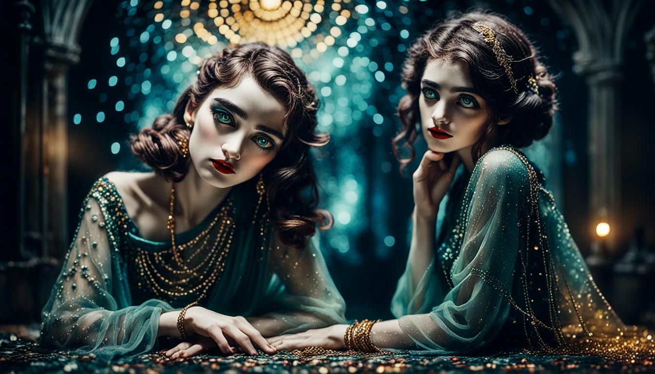two females, Art Deco, glamorous settings
