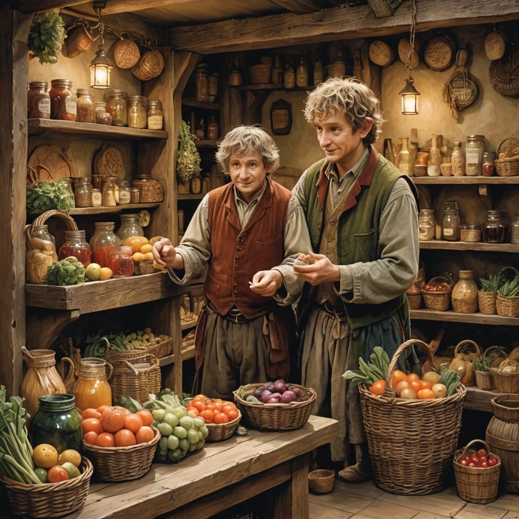 Bilbo Baggins Shopping in Hobbiton: Watercolor Illustration