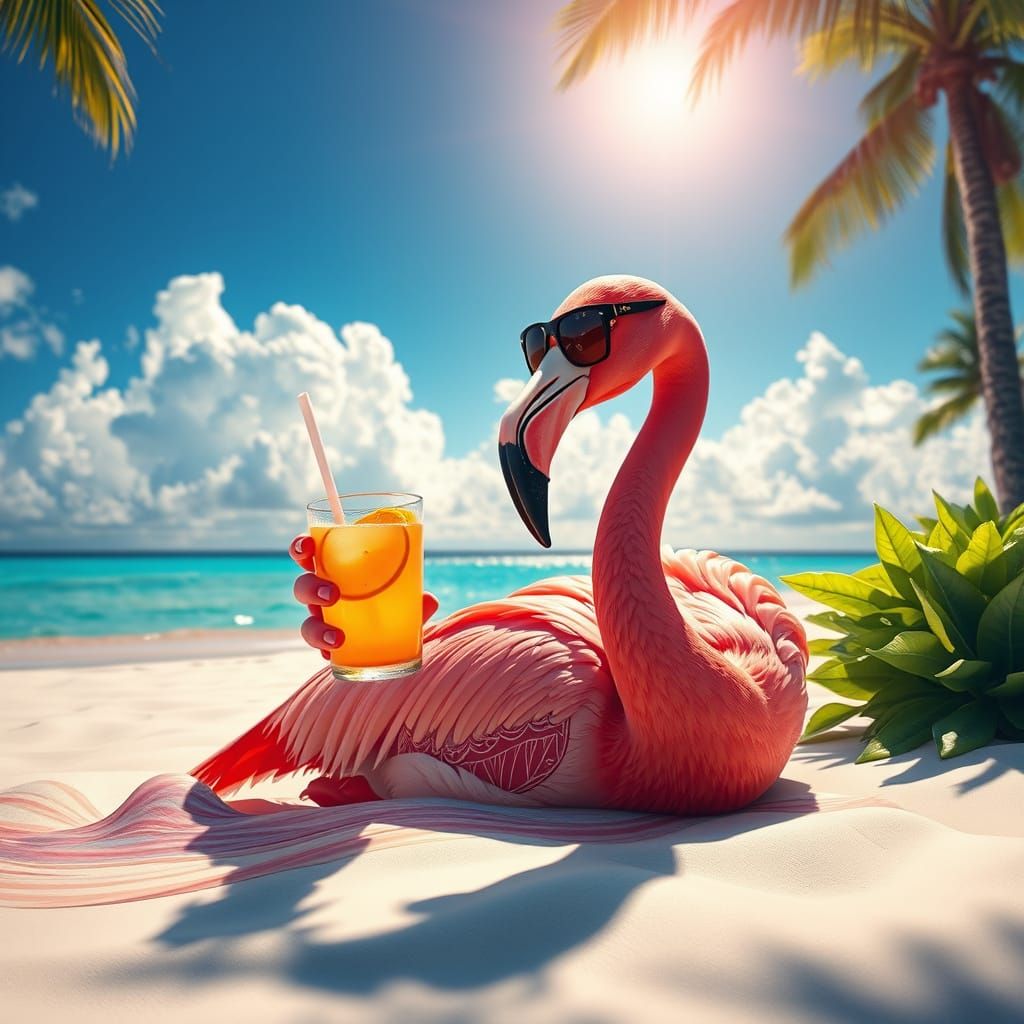 Flamingo Lounging on Tropical Beach with Cocktail