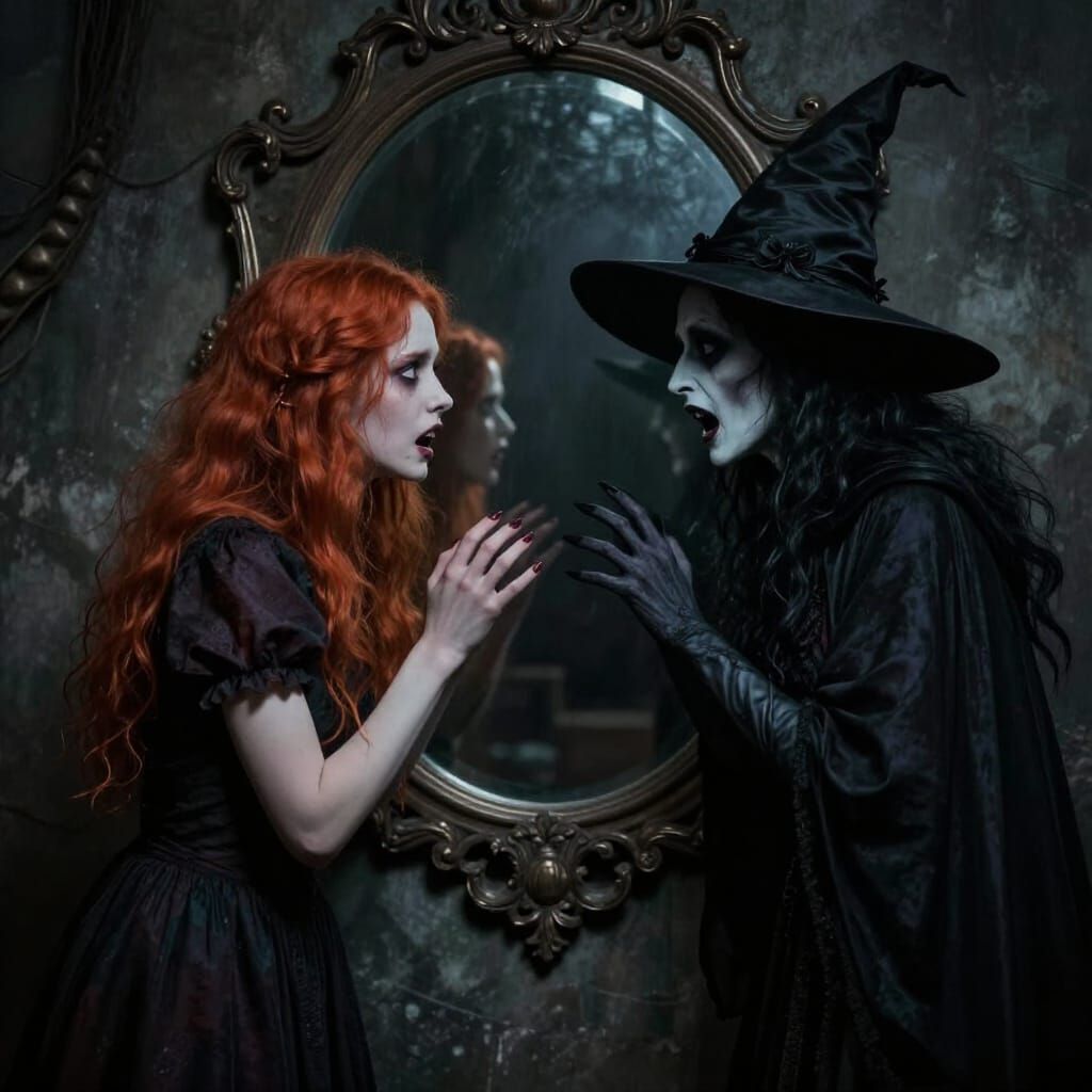 Girl and Witch Confrontation in Ornate Mirror