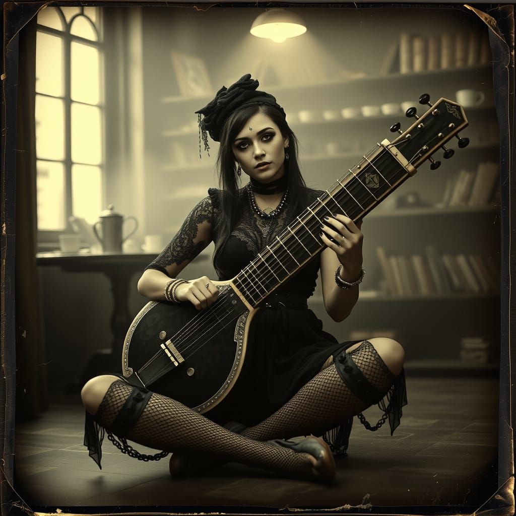 Goth Sitarist in Vintage Coffee Shop
