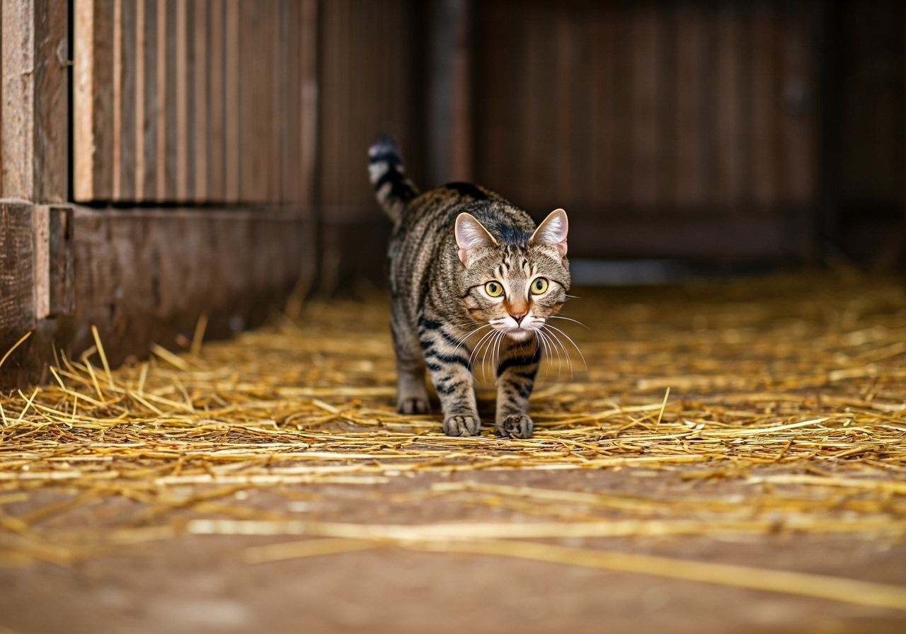 Tabby Farm Cat Stalks Through Hay-Filled Barn