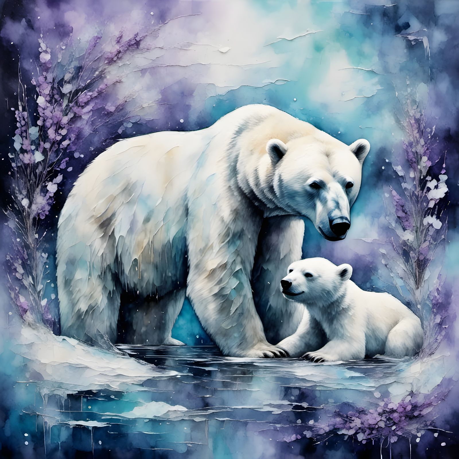 a heartwarming scene of a mama polar bear embracing her cub : snow covered ice float, blues, grays with lavender : water...