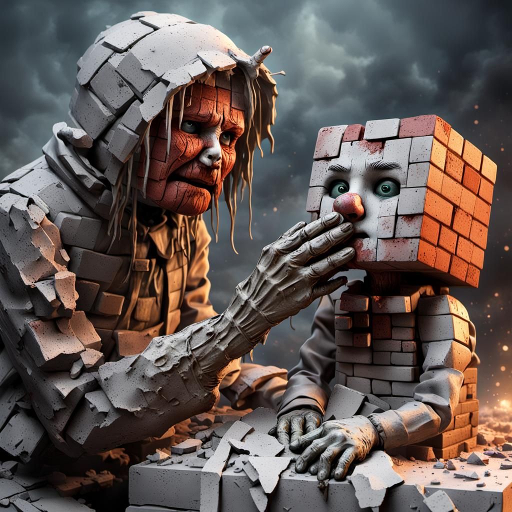 Anthropomorphic Brick Family Building a House