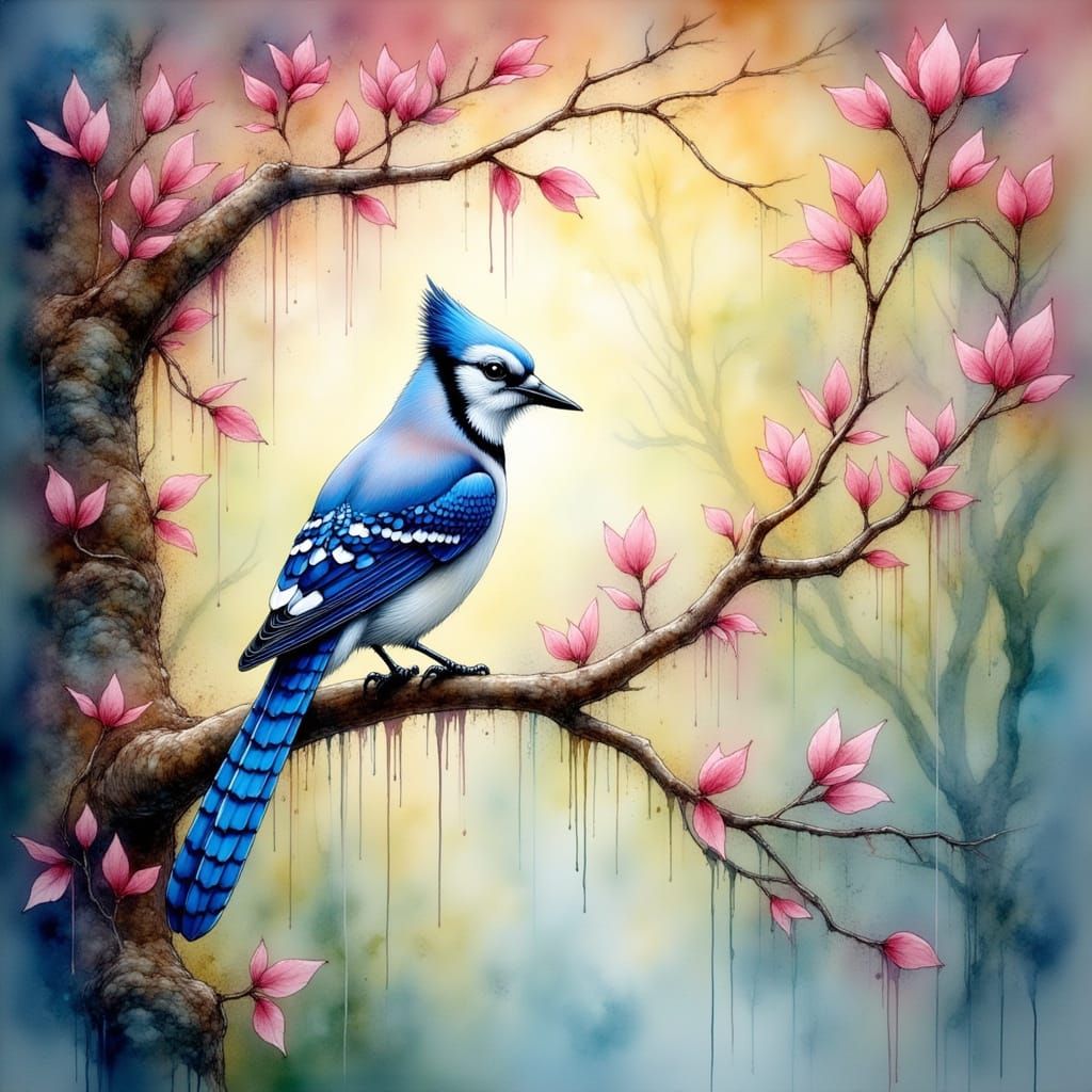 Dreamlike Blue Jay in Ethereal, Watercolour-Inspired Realism
