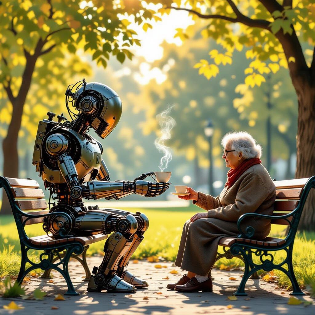 Steampunk Robot Offers Tea to Elderly Person in Park