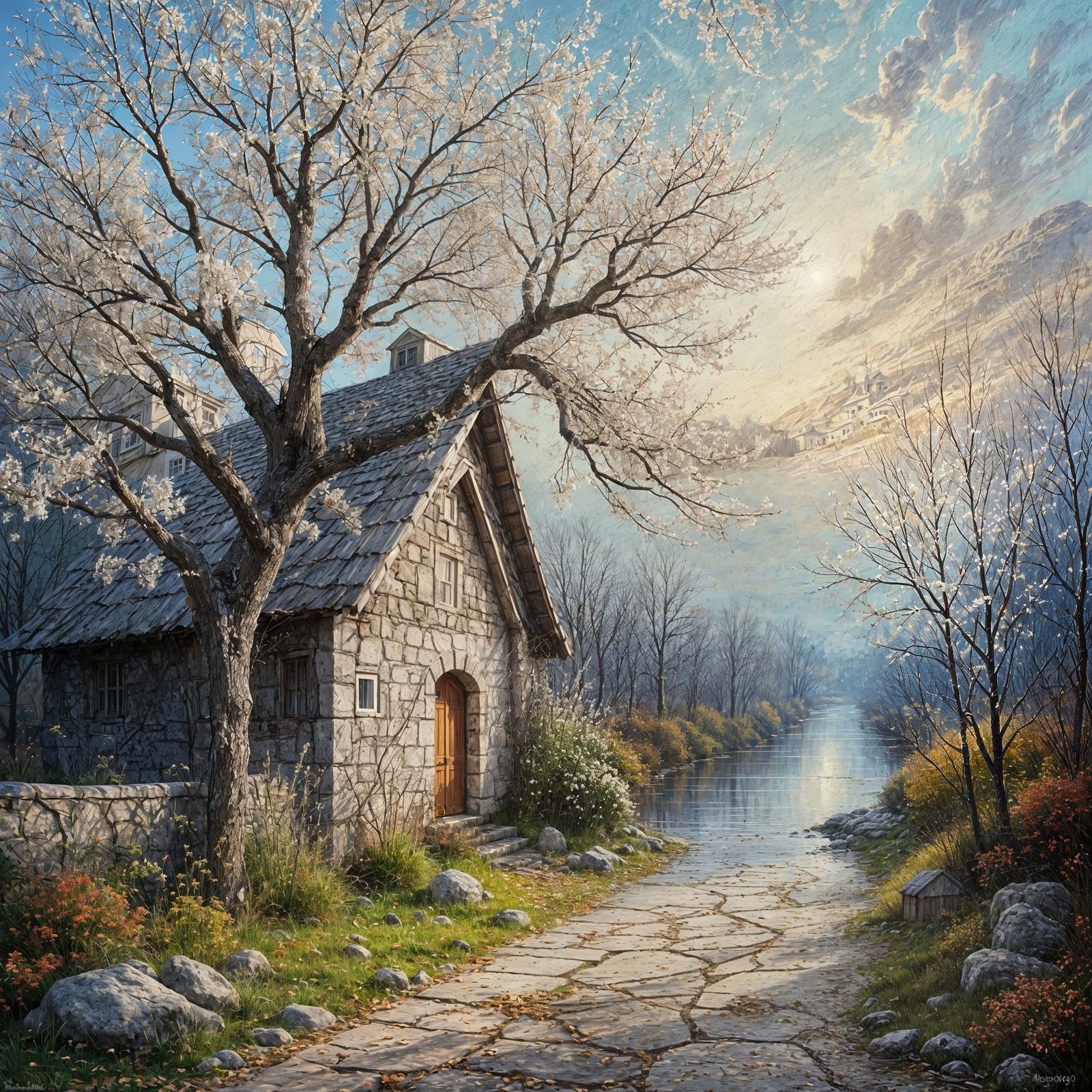 Autumn House and Almond Tree Painting with White Leaves