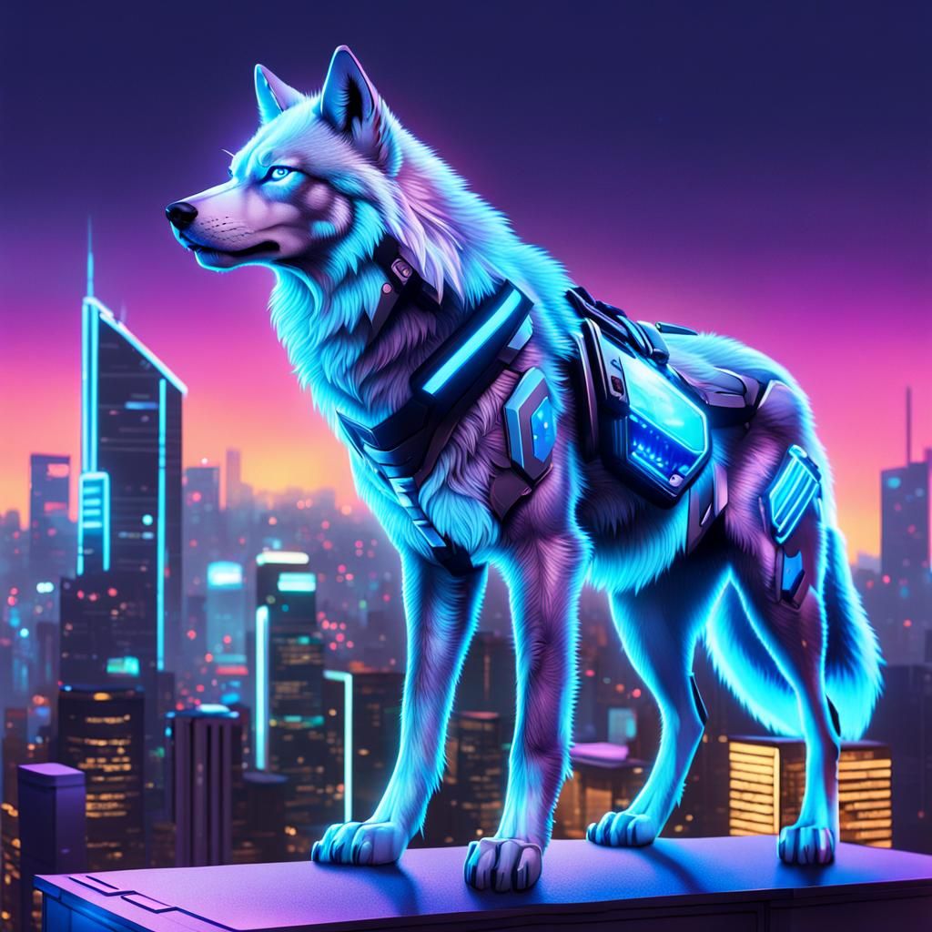 Futuristic Cyber Wolf Surveys Neon Cityscape