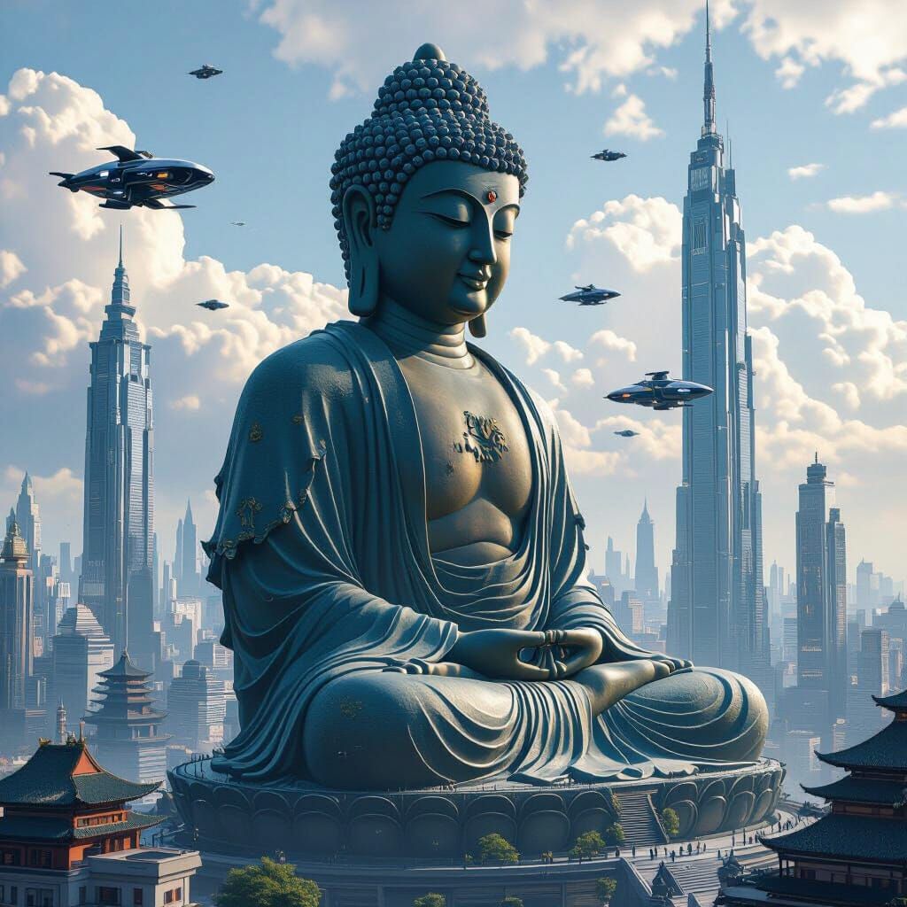 Futuristic Cityscape Overlooked by Serene Buddha Statue