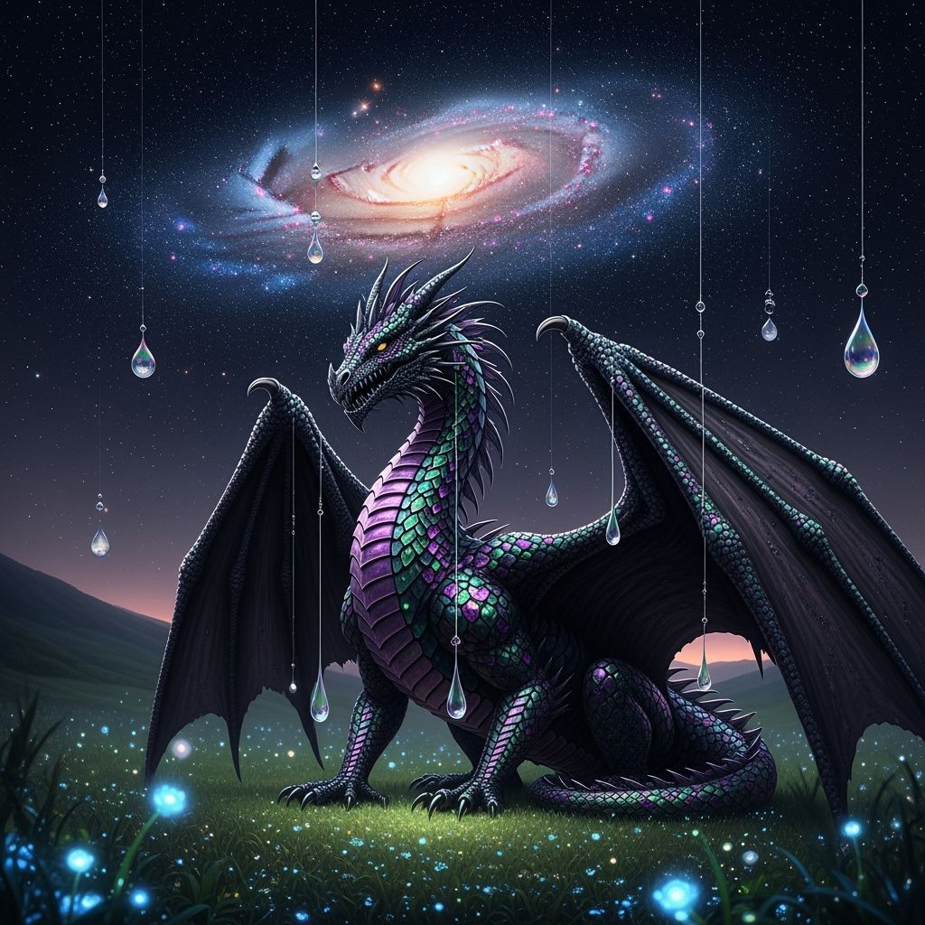 Vantablack Dragon with Gemstone Scales in Galaxy Field