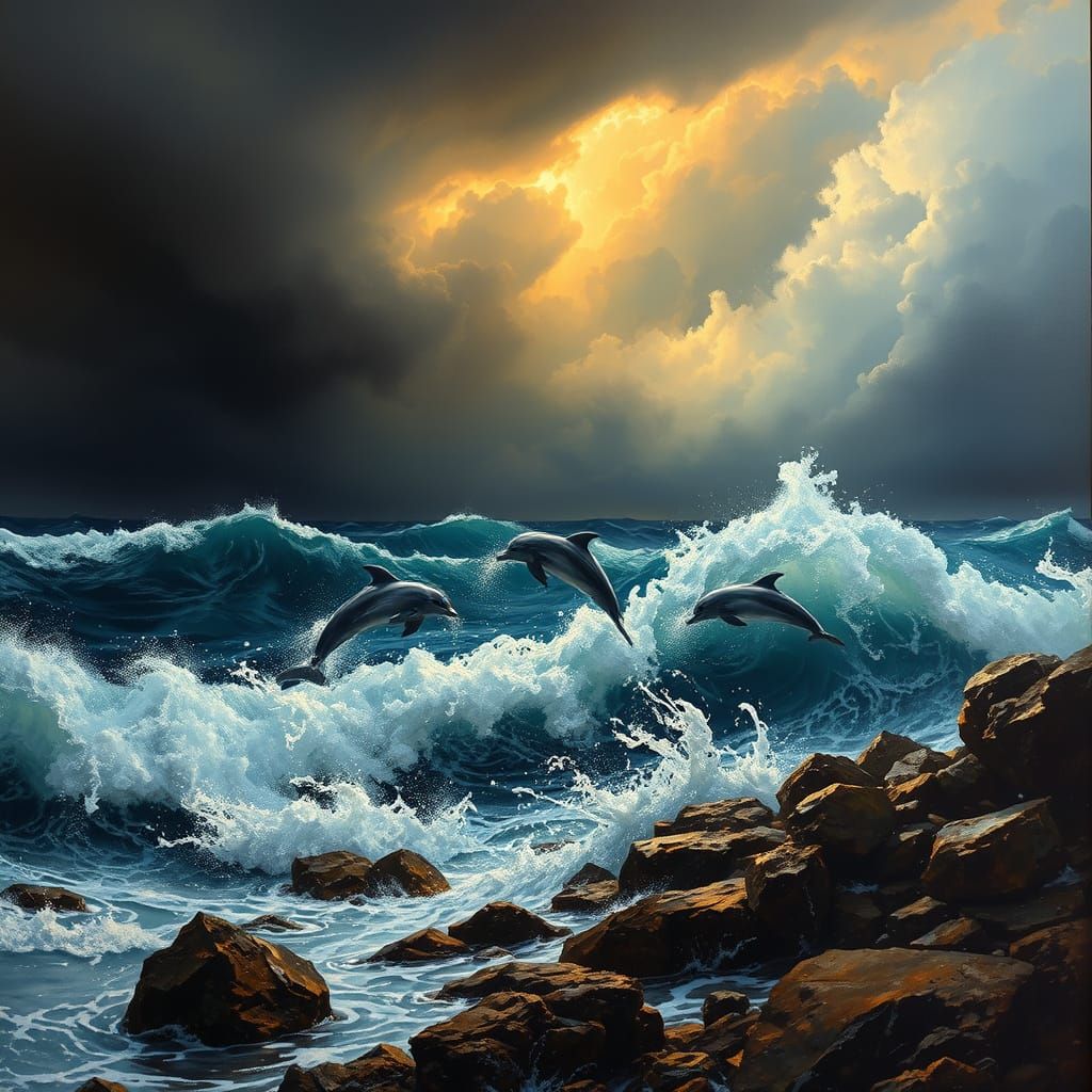 Stormy Seascape with Dolphins Leaping in Dramatic Brushstrok...