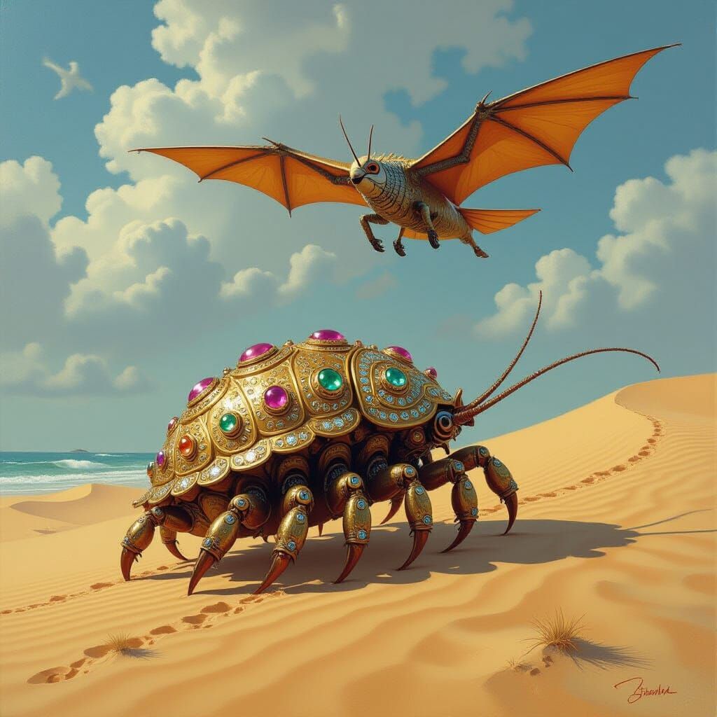 Armored Isopod Trots Beside Pterocopter: Oil Painting