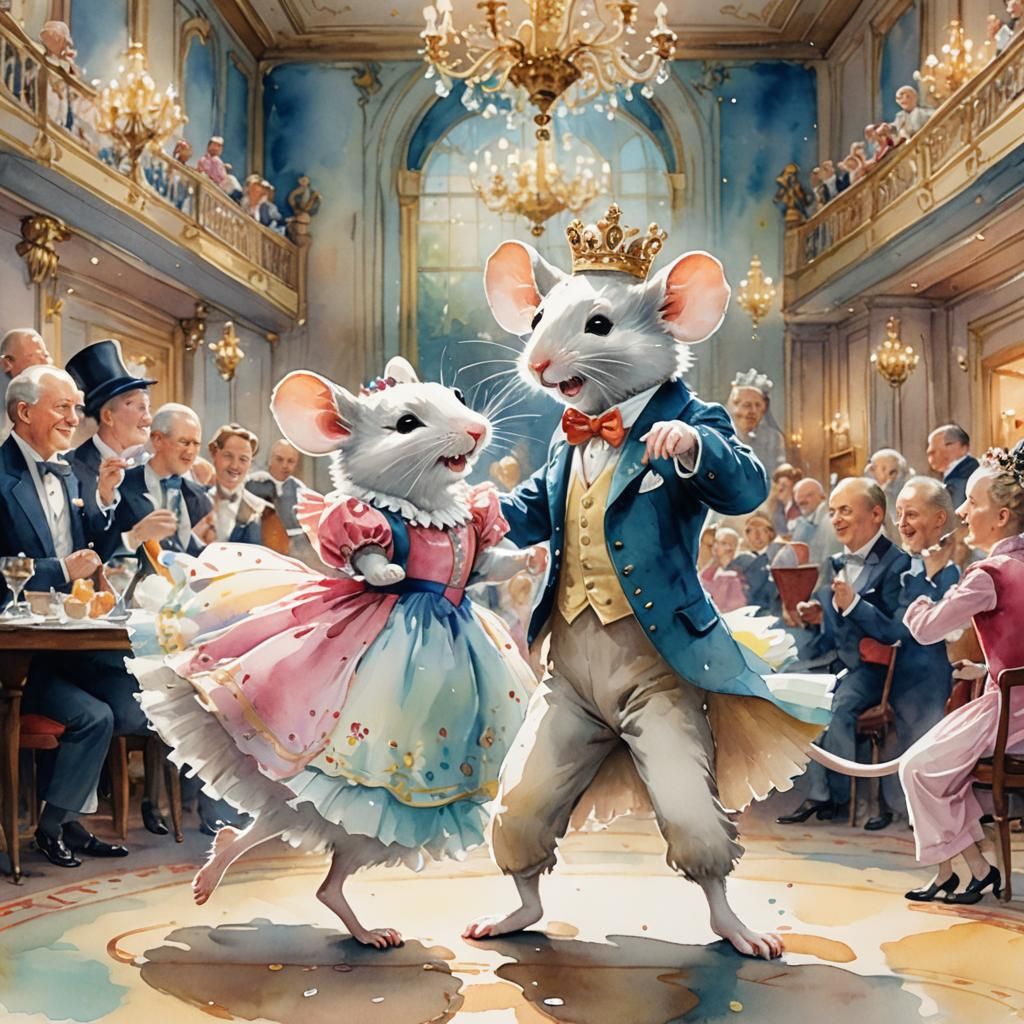 Mice Ballroom Dancers in Watercolor Style