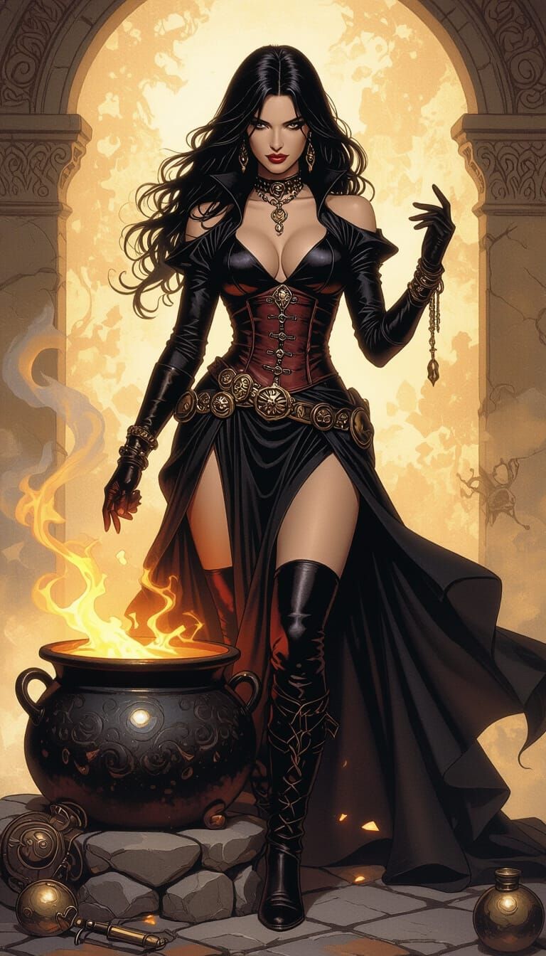 Crimson Sorceress with Bubbling Cauldron: Dark Fantasy Art
