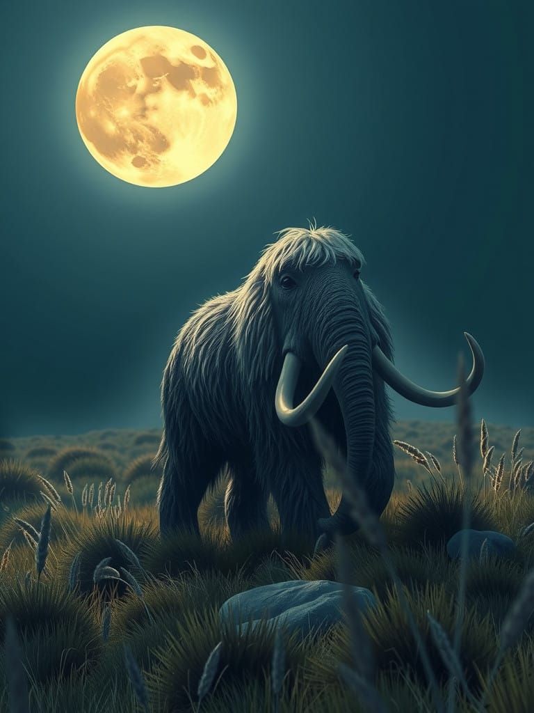 Surreal Mammoth Transports Lunar Orb Over Arctic Landscape