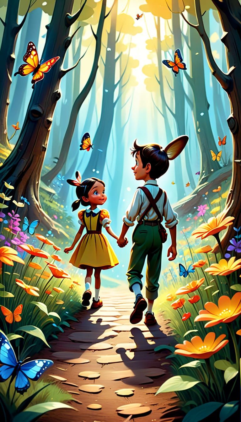 Whimsical Fantasy Illustration of Pinocchio and Jiminy Crick...