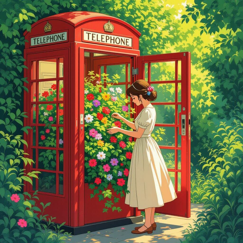 Woman and Plants in Telephone Box, Whimsical Style