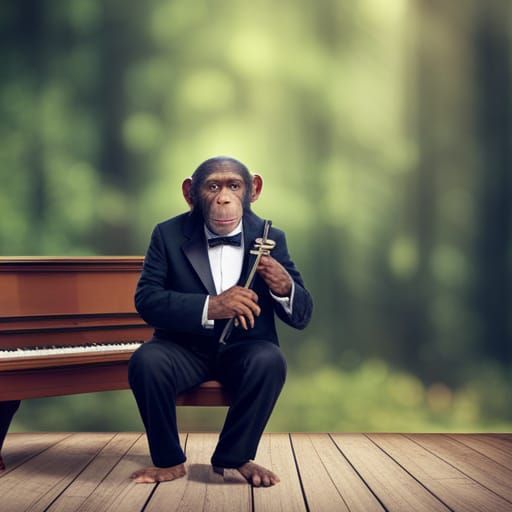 Chimpanzee Conductor in Tuxedo, Photorealistic Orchestra