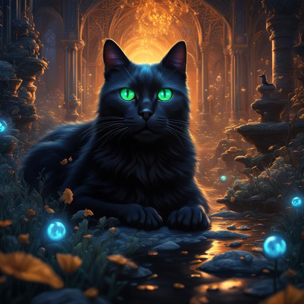 Glowing-Eyed Black Cat: Detailed Fantasy Art