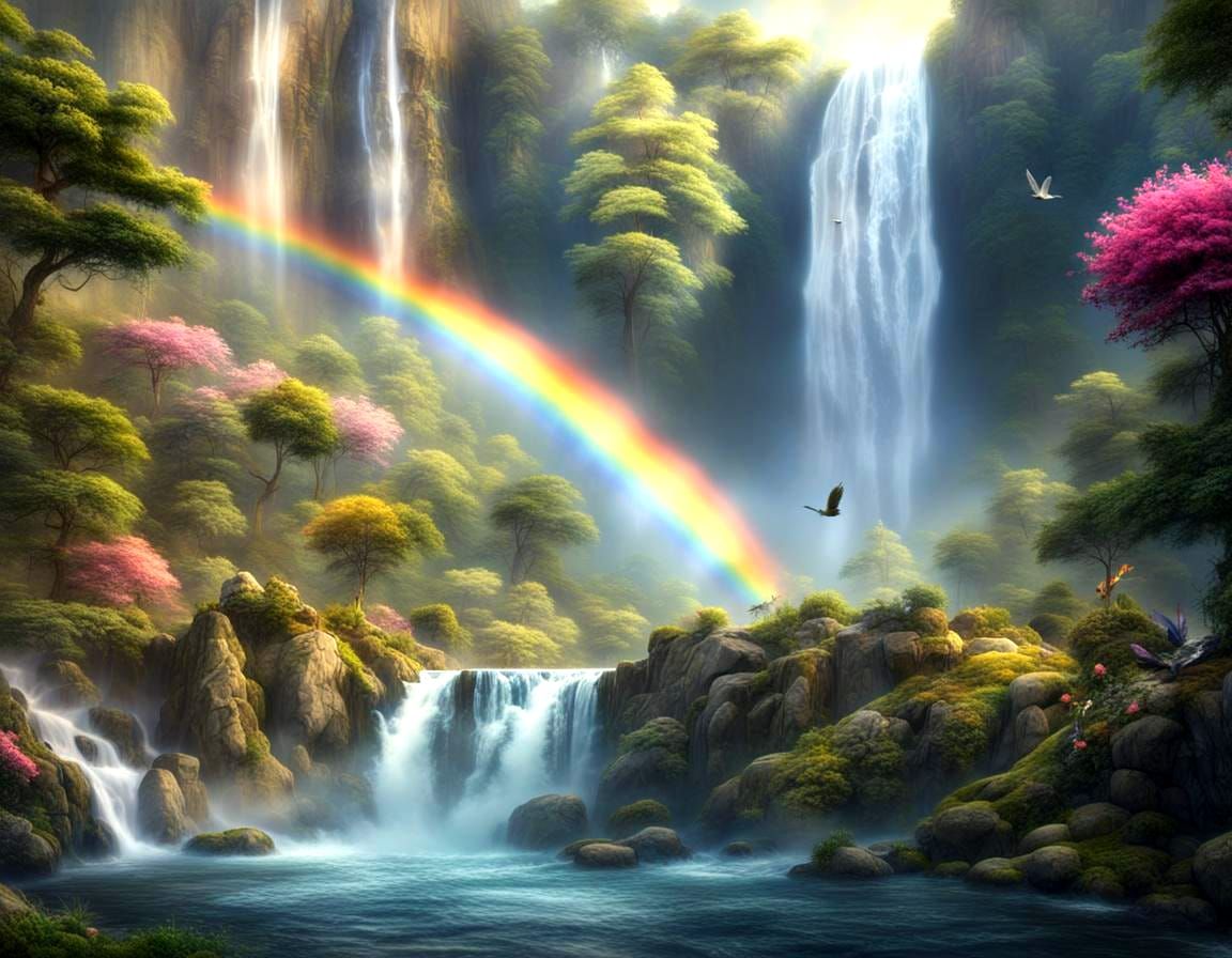 Epic Fairytale Waterfall with Rainbow and Whimsical Creature...