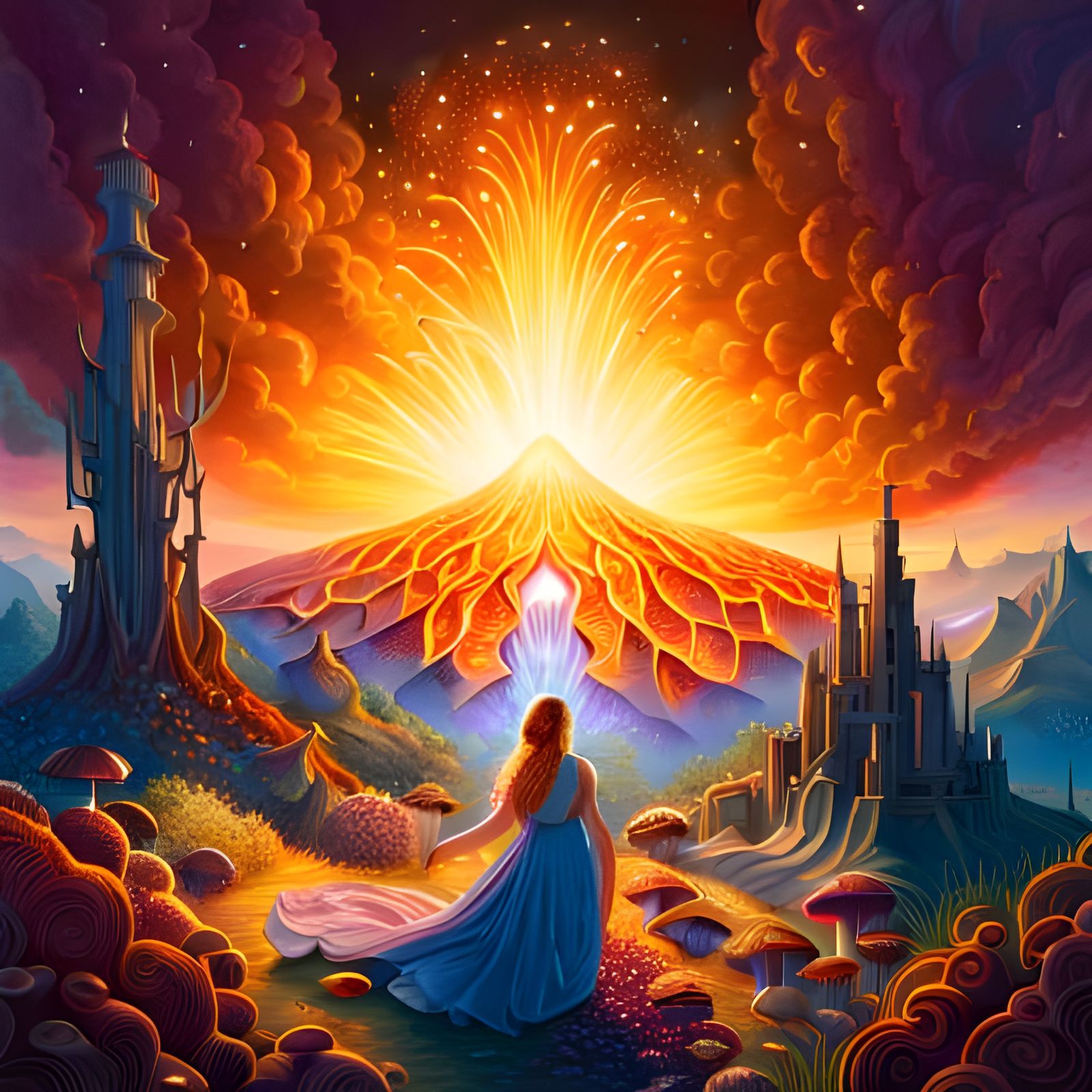 Erupting Volcano Fairytale Illustration in Art Nouveau Style